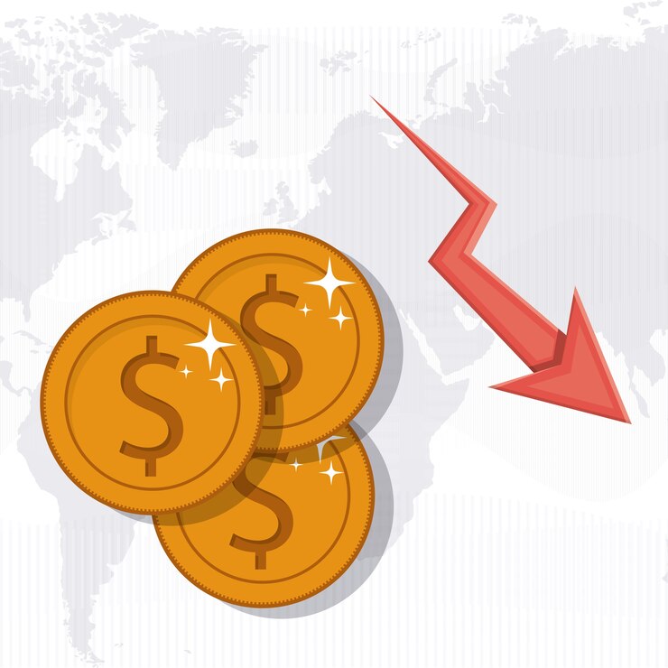 Vettore concetto di economia globale con icone di denaro