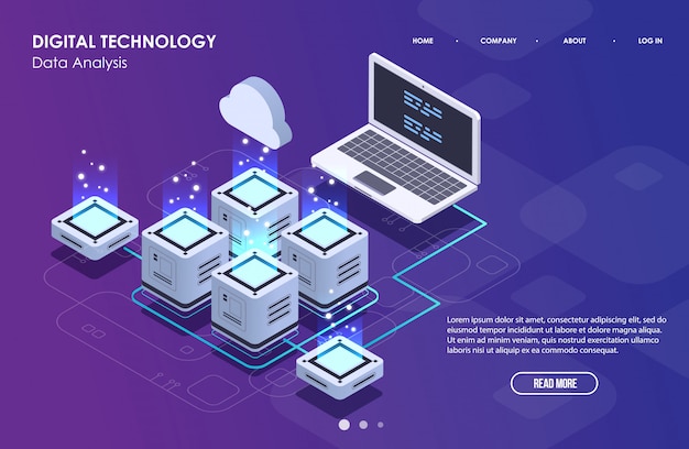 Concetto di elaborazione di grandi quantità di dati, centro dati isometrico, elaborazione e memorizzazione di informazioni vettoriali. Illustrazione creativa con elementi geometrici astratti.