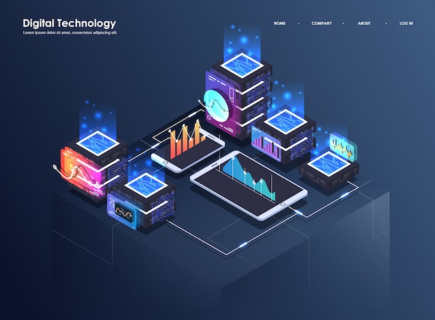 Concetto di elaborazione di grandi quantità di dati, centro dati isometrico, elaborazione e memorizzazione di informazioni vettoriali. Illustrazione creativa con elementi geometrici astratti.