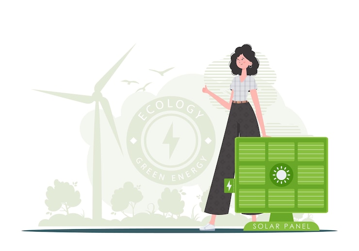 Vettore concetto di energia ecologica una donna è in piedi vicino a un pannello solare stile trendy vettoriale
