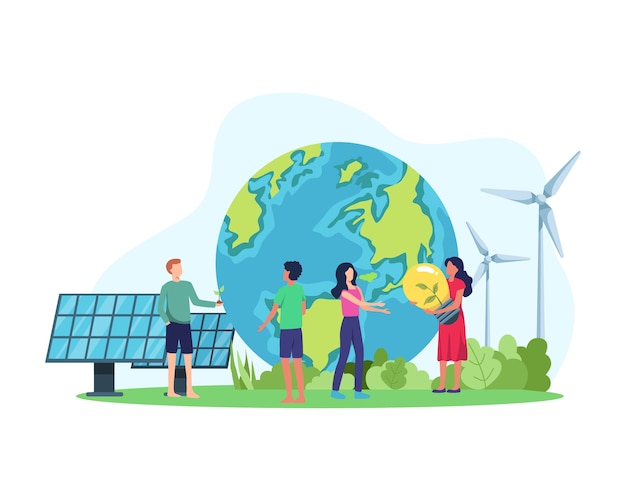 Concetto di energia pulita. Energia rinnovabile per un futuro migliore. Persone con energia rispettosa dell'ambiente, pannelli solari e turbine eoliche. in uno stile piatto