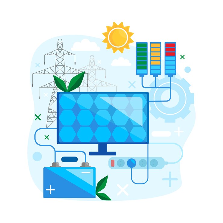 Concetto di energia solare. Sicuro e utilizzare l'energia rinnovabile alternativa. Energia verde del pannello solare. Illustrazione vettoriale piatto