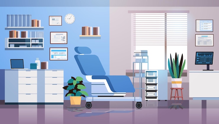 Vettore concetto di esame delle donne incinte attrezzatura medica per il controllo ecografico con letto e scaffali illustrazione vettoriale orizzontale interna dell'ufficio medico del ginecologo