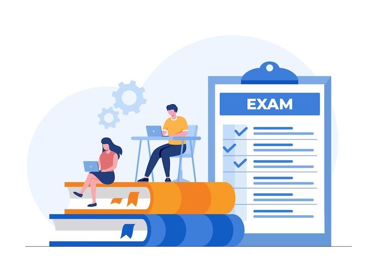 Vettore concetto di esame esame test online risposta elenco di controllo studente collage piatto illustrazione vettore banner