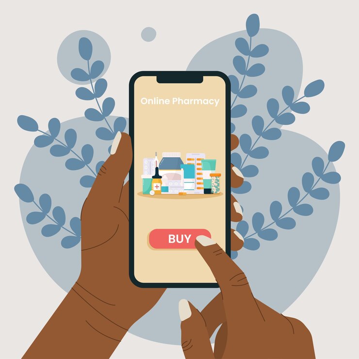 Vettore concetto di farmacia sanitaria online. mano che tiene lo smartphone con l'app della farmacia online
