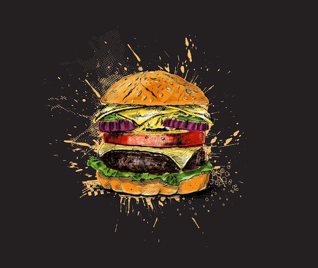 Concetto di fast food hamburger Illustrazione vettoriale di schizzo disegnato a mano