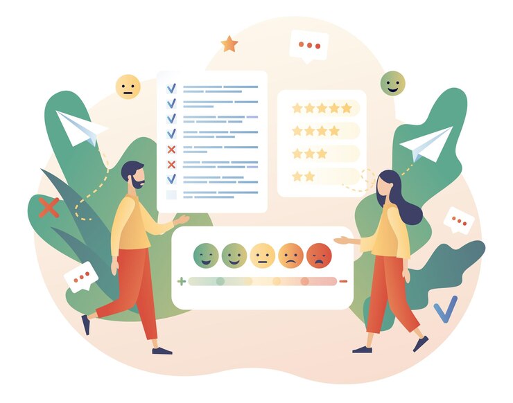 Concetto di feedback Piccole persone lasciano feedback e mettono la valutazione nel servizio online Sondaggio sui clienti