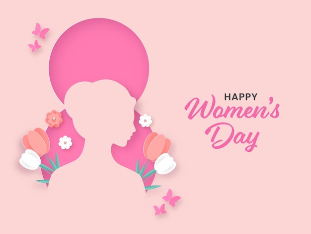 Concetto di festa della donna felice con faccia femminile tagliata di carta su sfondo numero otto decorato con motivi floreali