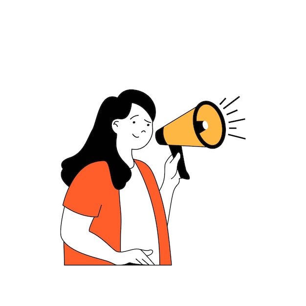 Concetto di fitness con persone dei cartoni animati in design piatto per il web Donna che esercita sportivi e utilizza l'altoparlante per maggiore motivazione Illustrazione vettoriale per materiale di marketing banner sui social media