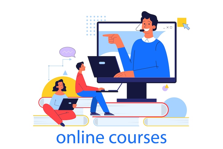 Vettore concetto di formazione online. idea di studio a distanza utilizzando internet. idea di e-learning e conoscenza, corsi online. illustrazione