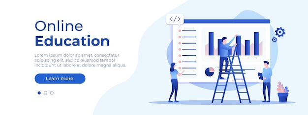 Concetto di formazione online Layout vettoriale per la pagina del sito Web Illustrazione in stile piatto con persone che studiano a distanza Studenti che imparano online a casa Illustrazione vettoriale EPS 10