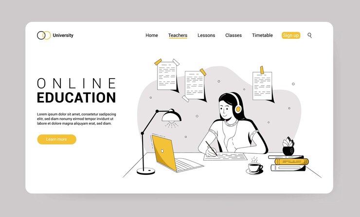 Vettore concetto di formazione online per la pagina di destinazione studio della ragazza online al computer
