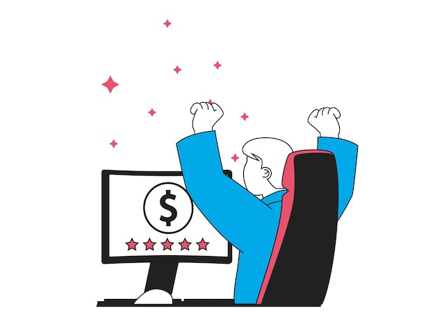 Concetto di freelance con situazione di carattere Il libero professionista felice ottiene il miglior feedback con la valutazione in stelle dal cliente e ottiene la paga per il lavoro Illustrazione vettoriale con scena di persone in design piatto per il web