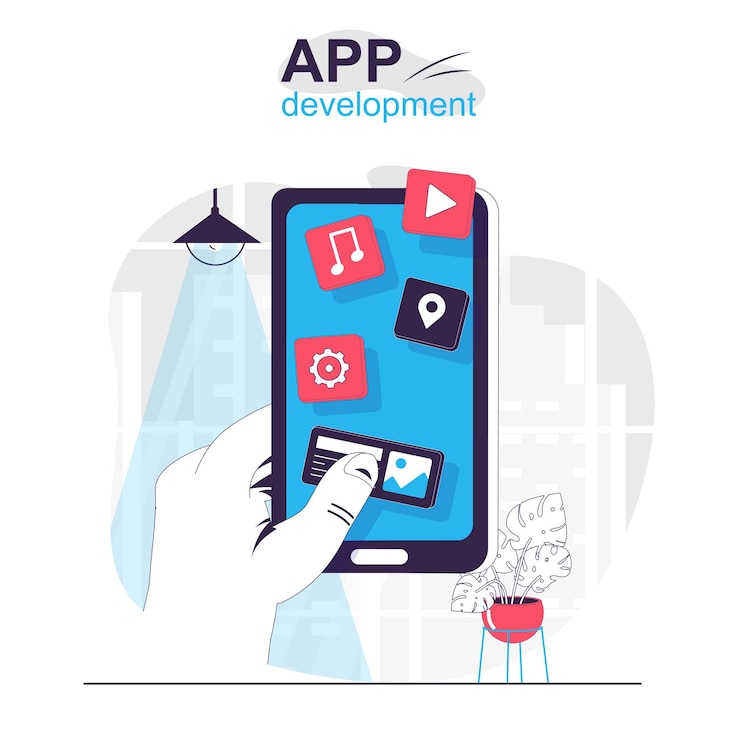 Vettore concetto di fumetto isolato per lo sviluppo di app creazione e ottimizzazione di programmi e app