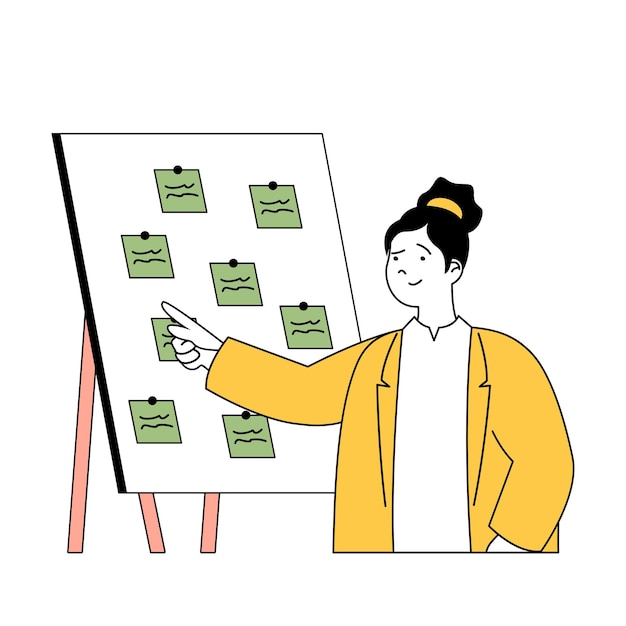 Concetto di gestione del tempo con persone dei cartoni animati in design piatto per il web Donna che svolge attività di flusso di lavoro con note prioritarie a bordo in ufficio Illustrazione vettoriale per materiale di marketing banner sui social media