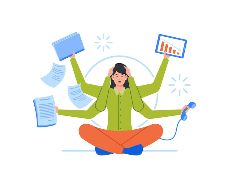 Vettore concetto di gestione del tempo di scadenza multitasking imprenditrice stressata con molte braccia sedute in posizione di loto yoga
