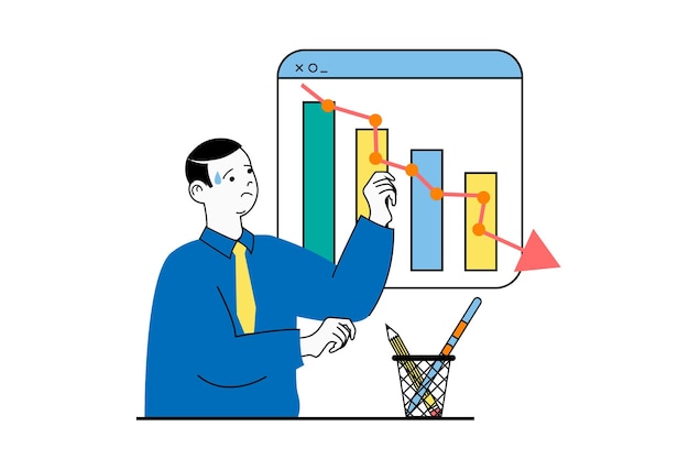 Concetto di gestione delle crisi con scena di persone nel web design piatto Uomo che monitora investimenti e diagrammi finanziari con trend negativo Illustrazione vettoriale per materiale di marketing banner sui social media