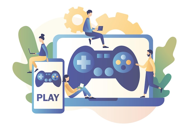 Vettore concetto di gioco giocatori di persone che giocano a videogiochi online stile cartone animato piatto moderno illustrazione vettoriale su sfondo bianco