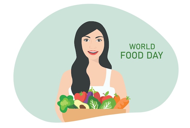 Concetto di giornata mondiale dell'alimentazione, donna in buona salute che tiene illustrazione vettoriale di una ciotola di cibo sano.