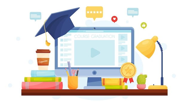 Concetto di graduazione dell'istruzione online Illustrazione vettoriale di design piatto