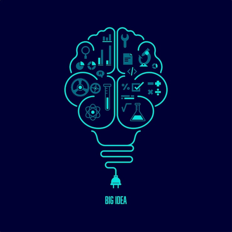 Vettore concetto di grande idea o pensiero creativo. forma della lampadina combinata con il cervello umano