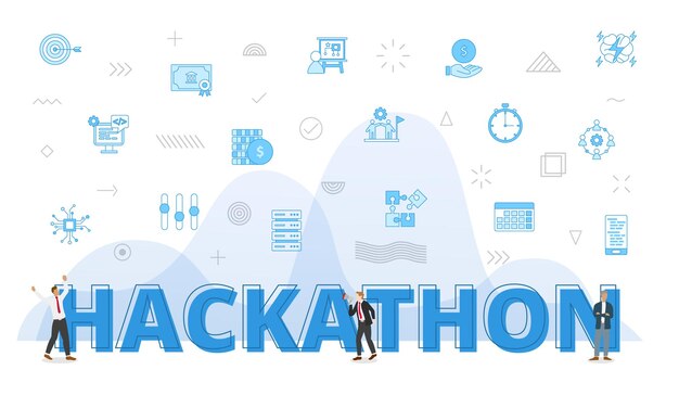 Concetto di hackathon con parole grandi e persone circondate da icone correlate con stile di colore blu