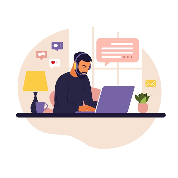 Concetto di home office, uomo che lavora da casa. Studente o libero professionista. Freelance o studio del concetto. Stile piatto.