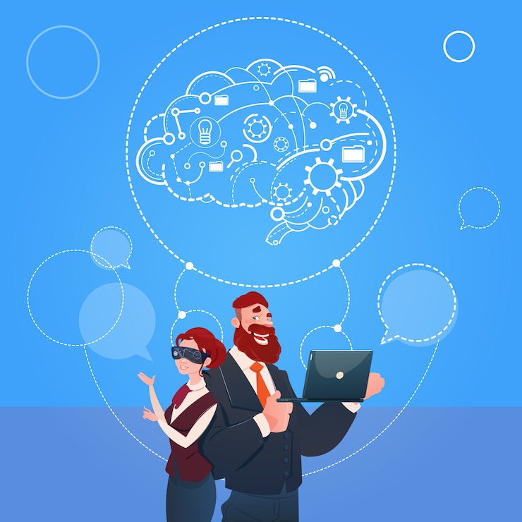 Vettore concetto di idea di istruzione di brainstorming di vetro di realtà digitale di usura dell'uomo e della donna di affari