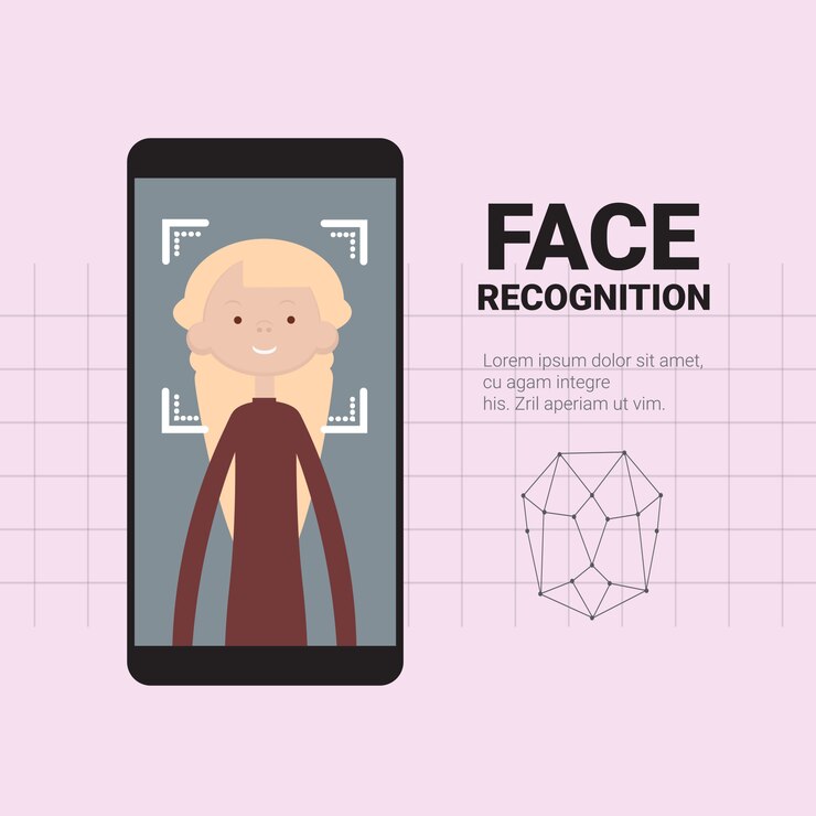 Vettore concetto di identificazione biometrica di tecnologia di controllo di accesso del sistema moderno di riconoscimento del fronte della donna di esame dello smart phone
