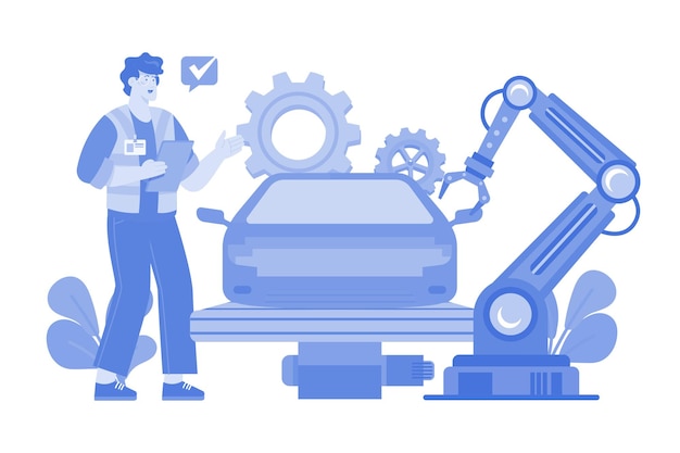 Concetto di illustrazione della produzione automobilistica automatizzata su sfondo bianco