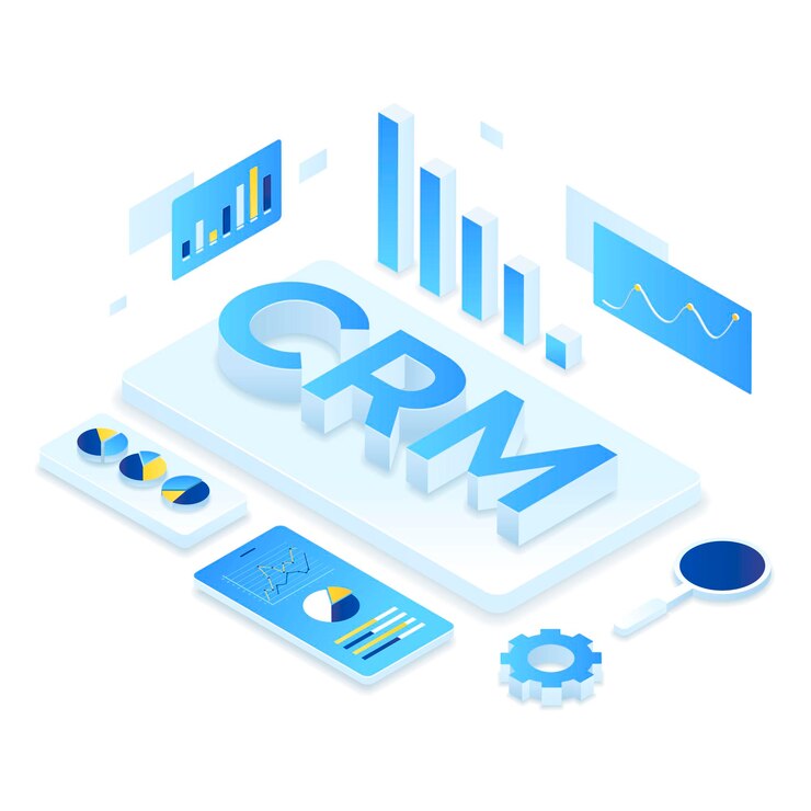 Vettore concetto di illustrazione isometrica della soluzione crm.