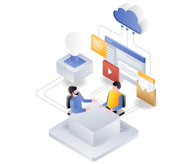 Concetto di illustrazione isometrica piatta che il team sta discutendo e consultando sui server cloud