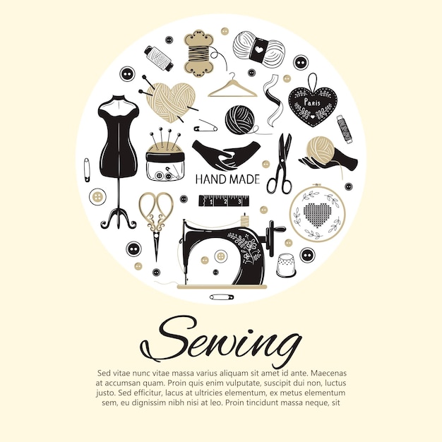 Concetto di illustrazione vettoriale per cucito, fatto a mano, accessori, ricamo, artigianato. Modello di banner per banner web e materiale promozionale.