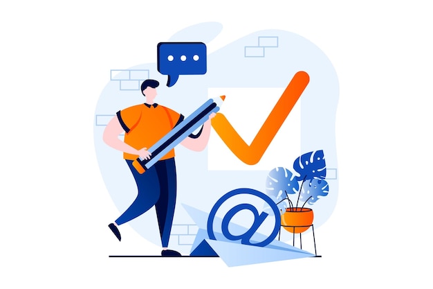 Concetto di indagine online con scene di persone in un design piatto di cartoni animati L'uomo pensa e risponde alle domande del questionario online spuntando le sue risposte in forma Illustrazione vettoriale storia visiva per il web