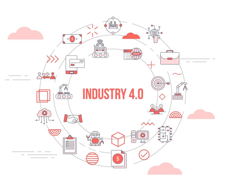 Concetto di industria 40 con banner modello set di icone e vettore di forma rotonda circolare
