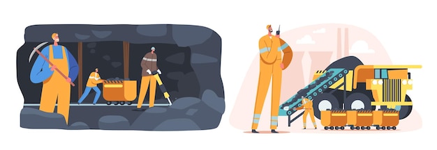 Concetto di industria mineraria del carbone. Caratteri del minatore che lavorano sulla cava con gli strumenti, il trasporto e la tecnica Tecniche di estrazione industriale, attrezzature e trasporti. Cartoon persone illustrazione vettoriale
