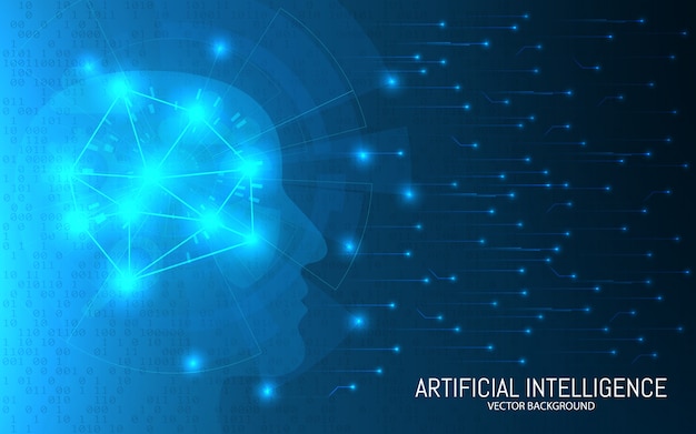 Concetto di intelligenza artificiale. Fondo futuristico astratto. Big data. Testa con connessioni su uno sfondo binario. Tecnologia del cervello digitale. illustrazione.