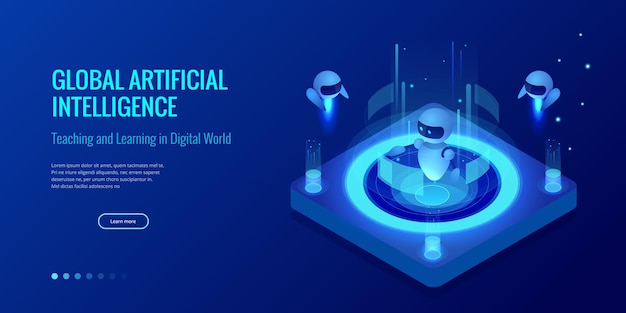 Concetto di intelligenza artificiale isometrica. Tecnologia e ingegneria. Insegnare e apprendere nel mondo digitale. Sfondo digitale e tecnologico. Illustrazioni vettoriali.