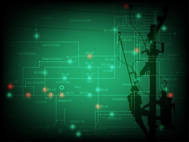 Concetto di interruzione dell&#39;alimentazione, diagramma unifilare del sistema di distribuzione con luce spot verde e rossa