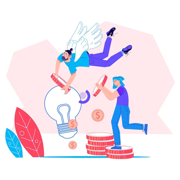 Concetto di investimento e imprenditorialità per il sostegno all'avvio dell'impresa Crowdfunding e finanziamento dell'illustrazione vettoriale del fumetto piatto di avvio isolata om white per il sito Web e la pagina di presentazione
