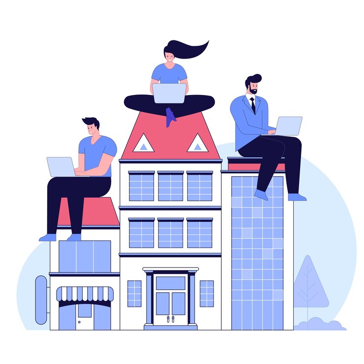 Concetto di lavoro a distanza Team di liberi professionisti o lavoratori remoti lavorano da casa o da un ufficio di coworking Uomini e donne che digitano su computer portatili a casa Illustrazione del carattere vettoriale isolato su sfondo bianco