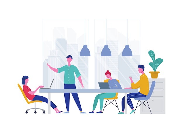 Concetto di lavoro di squadra di riunione d'affari. Caratteri della donna e dell'uomo d'affari con il computer portatile. Personaggi di colleghi che comunicano il brainstorming, idea di discussione. illustrazione di cartone animato piatto