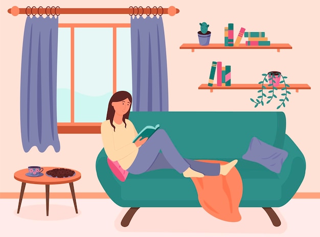 Concetto di libro. Una giovane donna sta leggendo un libro sul divano. Illustrazione vettoriale in stile piatto.