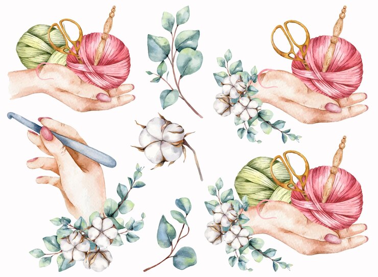 Vettore concetto di logo all'uncinetto con illustrazione dell'acquerello di cotone e eycalyptus