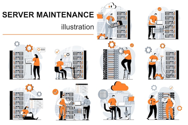 Concetto di manutenzione del server con scene di persone ambientate in un design piatto Storie visive di illustrazioni vettoriali