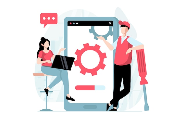Concetto di manutenzione del server con scene di persone in design piatto Uomo e donna che lavorano nel dipartimento di tecnologia e software di supporto per telefoni cellulari Illustrazione vettoriale con situazione dei personaggi per il web