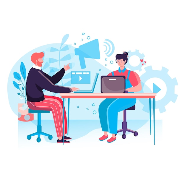 Concetto di marketing digitale. Il team di esperti di marketing lavora su laptop, crea idee, fa brainstorming, sviluppa la scena del personaggio della strategia di promozione online. Illustrazione vettoriale in design piatto con attività di persone