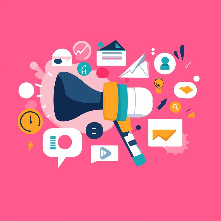 Vettore concetto di marketing digitale su illustrazione vettoriale a sfondo rosa