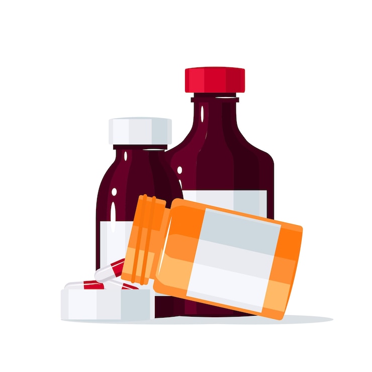Vettore concetto di medicina con pillole che fuoriescono dalla bottiglia del farmaco in llustration stile piatto