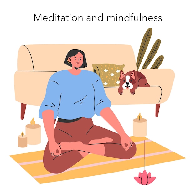 Concetto di meditazione e consapevolezza rilassamento all'interno con un'atmosfera serena e un animale domestico di compagnia